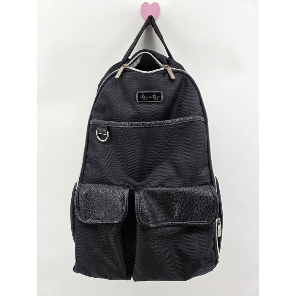 Itzy Ritzy Boss Backpack Diaper Bag Black Herringbone Silver Hardware